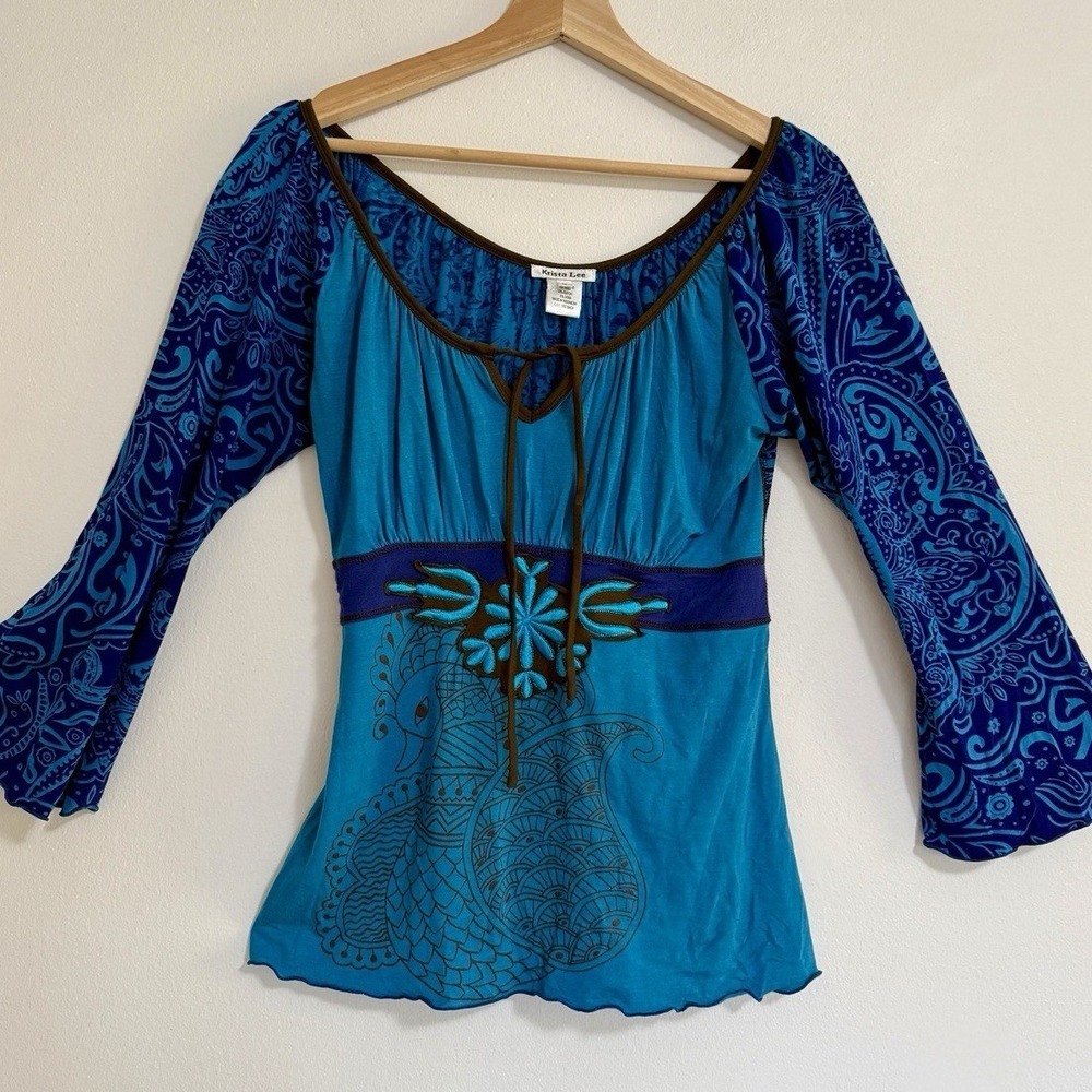 Y2K Peacock Boho MED Tee - Blue Krista Lee Vintage Abstract 3/4 Sleeve Shirt